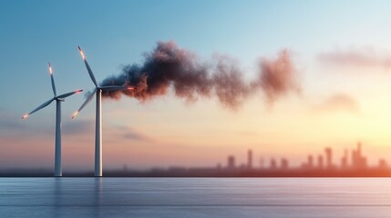 Wind turbines contrast pollution clean energy green power sustainability