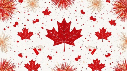 Canadian celebration background with fireworks and maple leaves