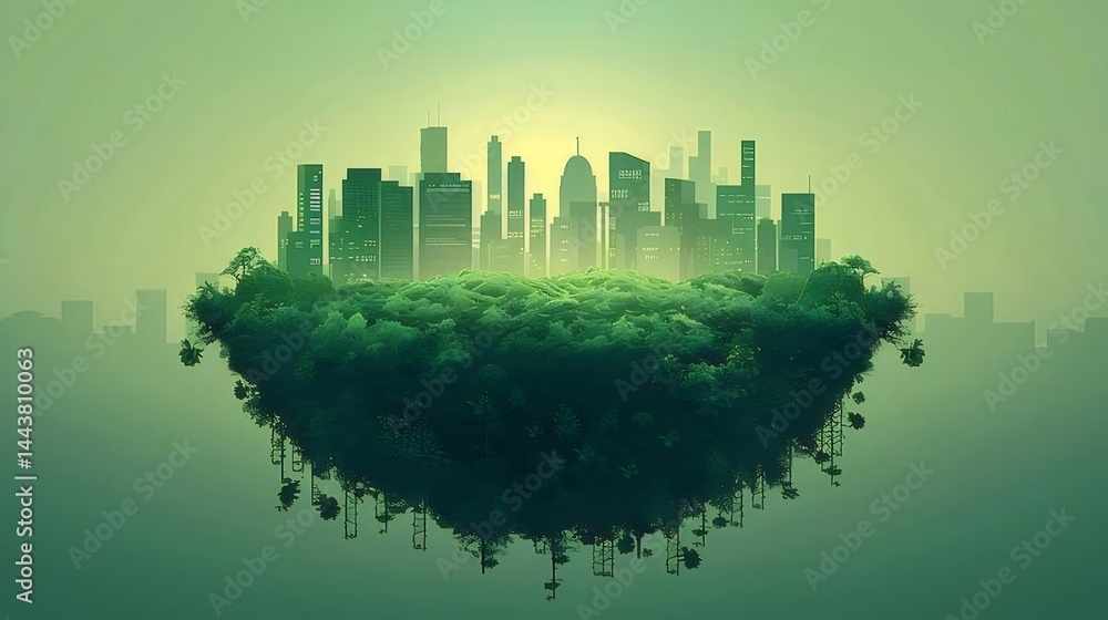 Poster 空中に浮かぶ緑豊かな森林都市の風景 幻想的な光の中で輝く未来的な都市のイメージ