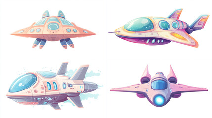 Cartoon spaceship collection, futuristic vehicles.