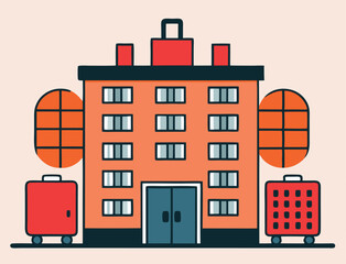 Obraz premium Whimsical cartoon apartment building with round windows and two rolling suitcases creates a playful image