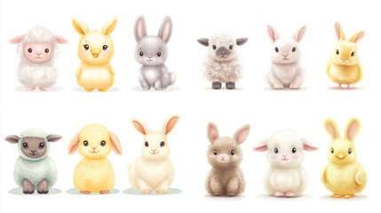 Cute cartoon lambs and bunnies illustration.