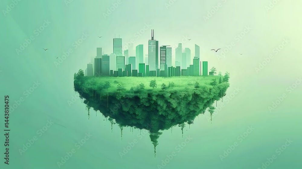 Poster 緑豊かな浮遊する島にそびえ立つ都市のデジタルイラスト 未来的な都市景観デザイン