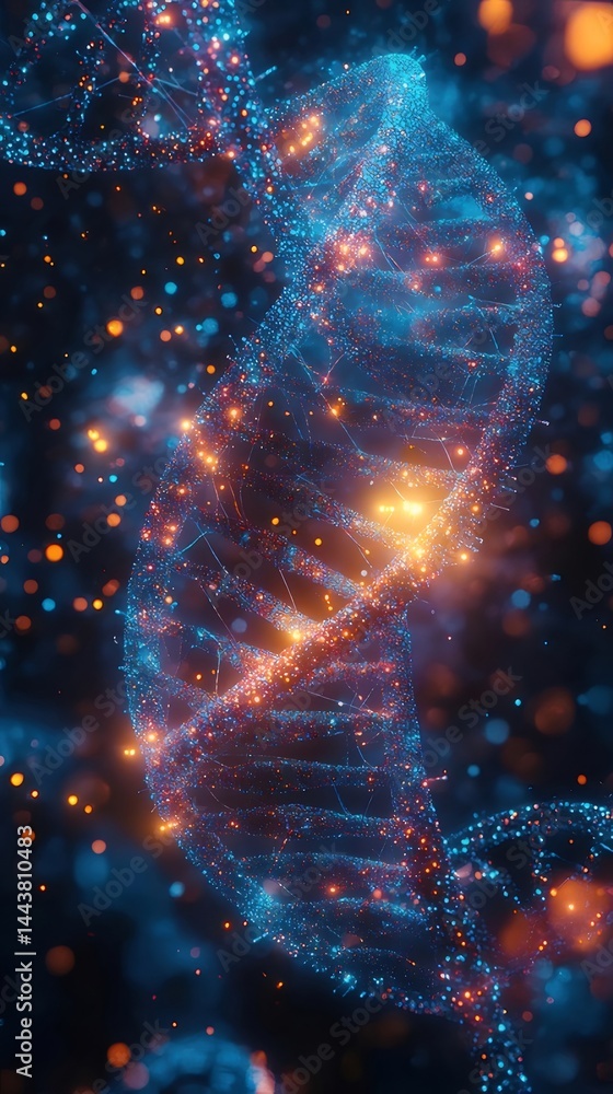 Poster 青とオレンジの輝く光を放つdna構造の抽象的な表現 未来の科学技術をイメージした3dグラフィック