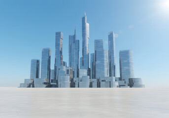 Obraz premium Modern Futuristic Cityscape Tall Skyscrapers Under Blue Sky, Urban Architecture Concept.