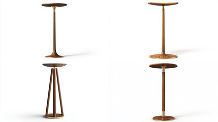 Four views of a modern wooden side table with brass accents.