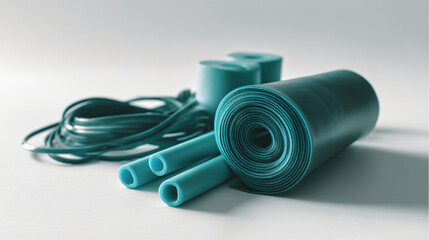 Teal Fitness Equipment Set Resistance Bands and Pipes on White Background