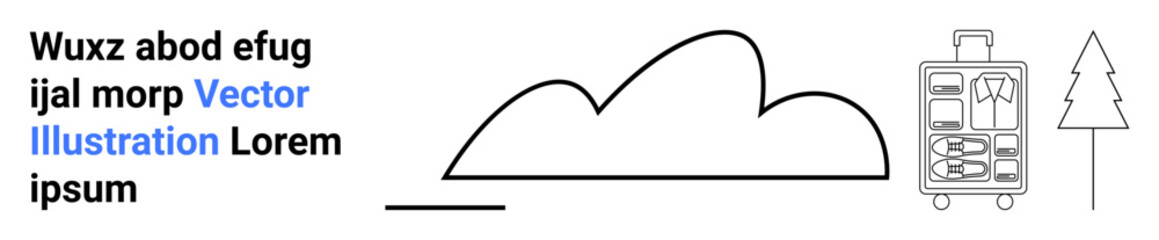 Cloud outline, open suitcase with organized items, and tree emphasizing travel, packing, and nature. Ideal for travel blogs, tourism ads, vacation planning, packing guides and simple landing page