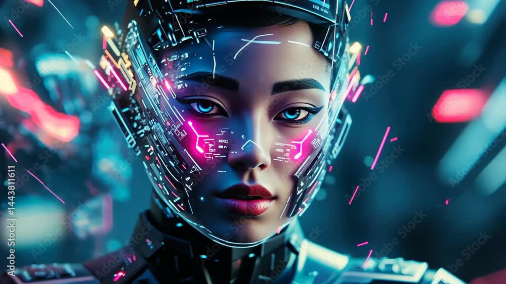 Poster exploring the fusion of technology and humanity in a futuristic digital landscape generative ai