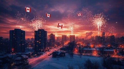 Canadian city at sunrise, fireworks, and flags