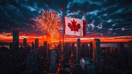 Canadian city skyline at sunset, fireworks, and flag