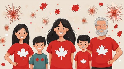 Canadian family celebrating.  Warmly dressed in red shirts with maple leaf emblems, a family of four stands proudly against a background of fireworks and leaves.  