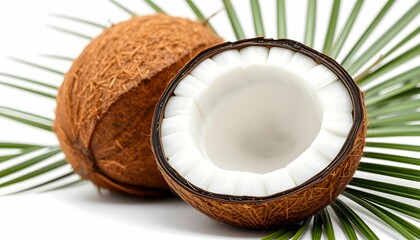 tropical fruit, coconut, halved coconut, white coconut flesh, brown coconut shell, green palm leaves, fresh, natural, organic, closeup, high detail, vibrant colors, food photography