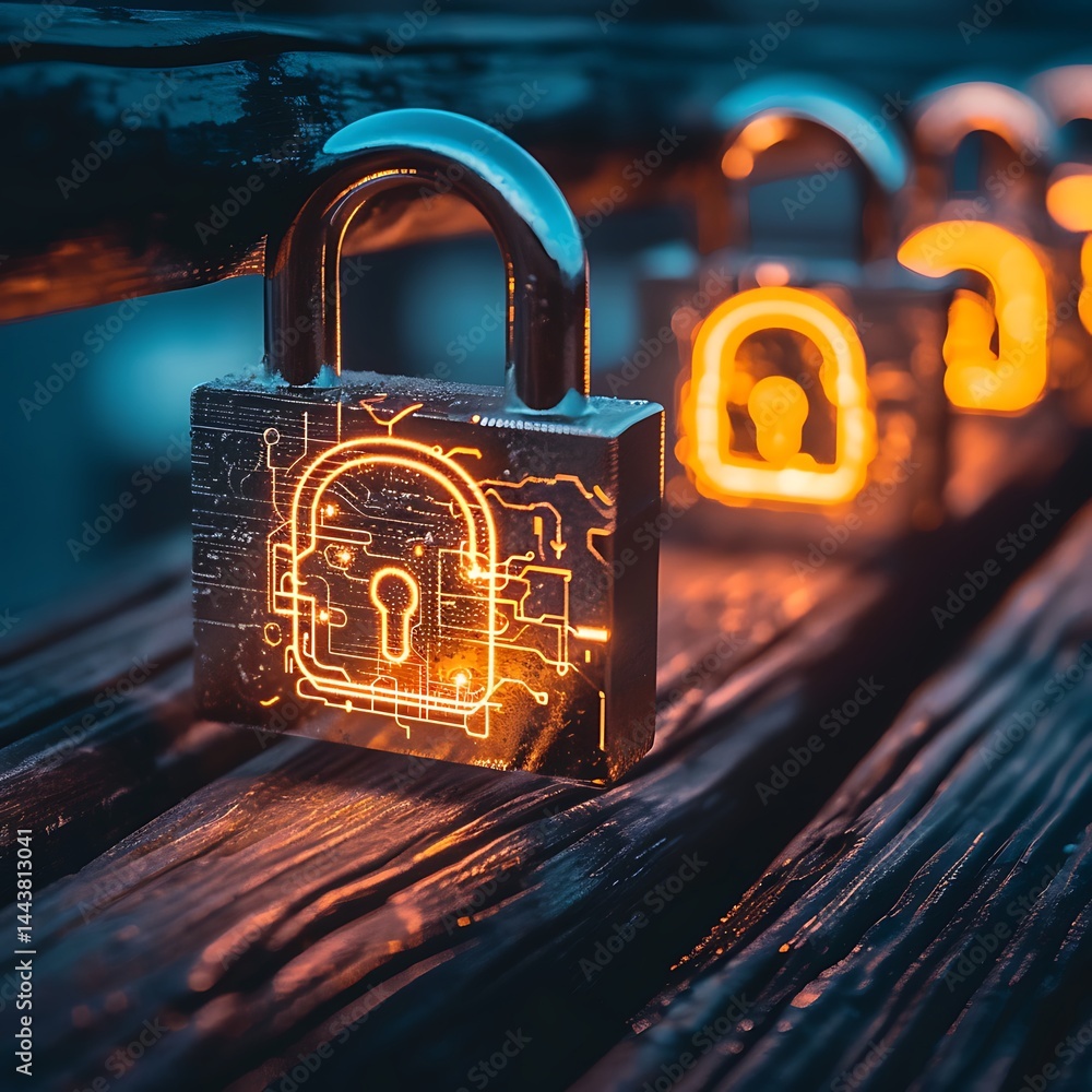 Poster imaginative cybersecurity concept illustration: a padlock with glowing digital circuit patterns sits