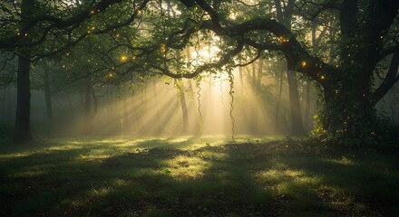 Obraz premium Sunlight Streaming Through Trees in a Mystical Forest