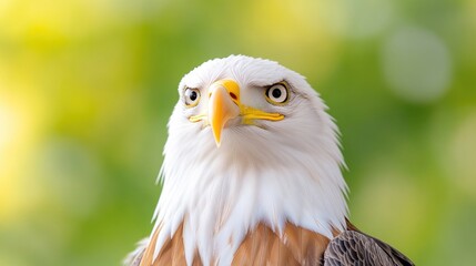 Obraz premium Bald eagle looking directly forward against a soft green blurred background in bright daylight.