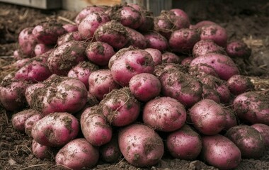 Fresh and dirty red potatoes on the ground