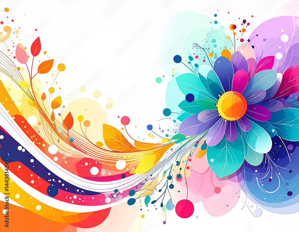 Wall mural abstract colorful background with leaves and watercolour splashes.