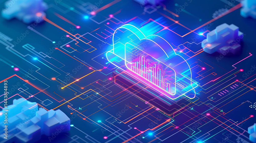 Poster imaginative abstract visualization of cloud computing technology with glowing blue and pink cloud sy