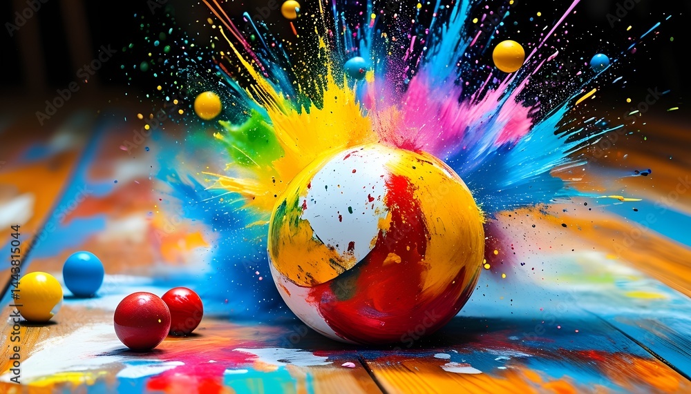 Poster colorful paint explosion ball creating a vibrant scene in a studio environment artistic and dynamic 