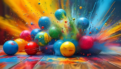 Colorful explosion of paint balls in creative studio environment illustrating artistic expression