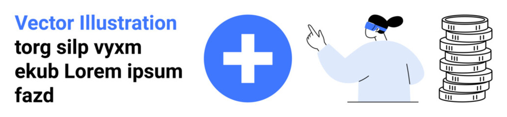 Fototapeta premium Medical professional pointing towards cross icon, emphasizing health services, with a coin stack symbolizing finance. Ideal for healthcare, insurance, economy, investment, savings, innovation simple