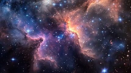 Stunning cosmic nebula with vibrant orange and purple hues and bright stars scattered across the dark