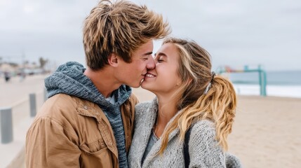 Obraz premium An affectionate embrace shared by a young couple by the shore, emphasizing the joy and playfulness of love amidst the scenic beach environment.