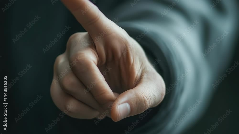 Poster a close-up of a human hand with finger extended, pointing at something, suitable for illustrating at