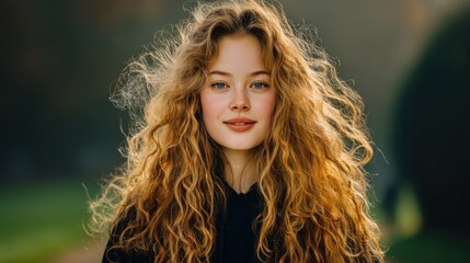 Naklejka premium Redhead girl, curly hair, green eyes, confident portrait