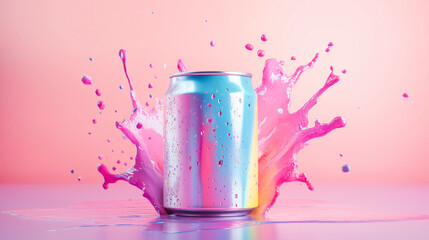 Colorful rainbow can with water splash on pastel background.
