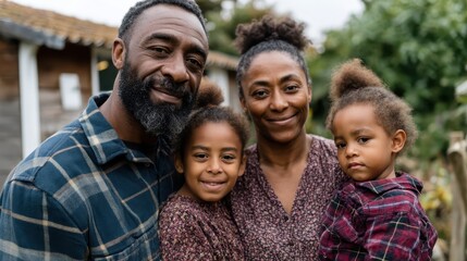 A heartwarming family photo with two smiling children and their parents, capturing the essence of togetherness and love in a cozy rural environment.