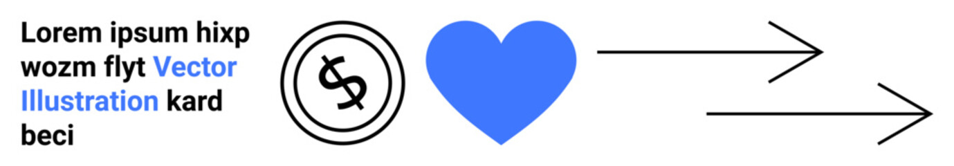 Coin with dollar sign, blue heart, and two arrows pointing right representing funding, support, and growth. Ideal for charity, donations, finance, love impact direction abstract line flat metaphor