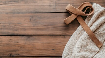 Wooden table background with cloth and ribbon natural texture