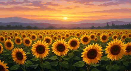 Sunflower Field at Sunset Golden Hour Landscape