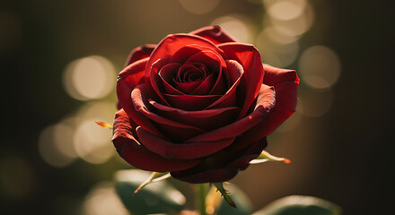 Stunning close up of a velvety red rose in full bloom with soft bokeh background creating a romantic and elegant floral image