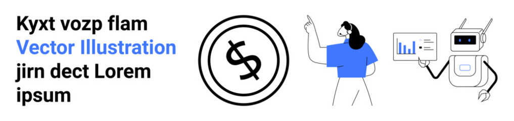 Human pointing at data chart, robot with graph, dollar sign emblem representing finance, teamwork, and technology. Ideal for AI, fintech, education, business insights innovation investment