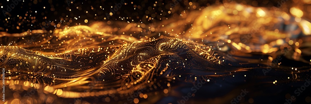 Poster imaginative abstract background featuring flowing waves of golden light and sparkling particles on a