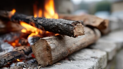 Fototapeta premium An intriguing image capturing firewood stacked neatly alongside vibrant flames, representing the essential elements of warmth, comfort, and the allure of a fire's glow.