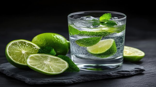 Refreshing lime and mint drink.  A glass of iced, bubbly beverage garnished with lime slices and fresh mint