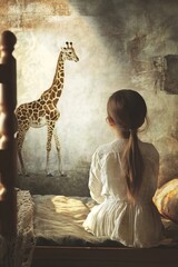 Little girl in a white dress sits on the bed and looks at the giraffe
