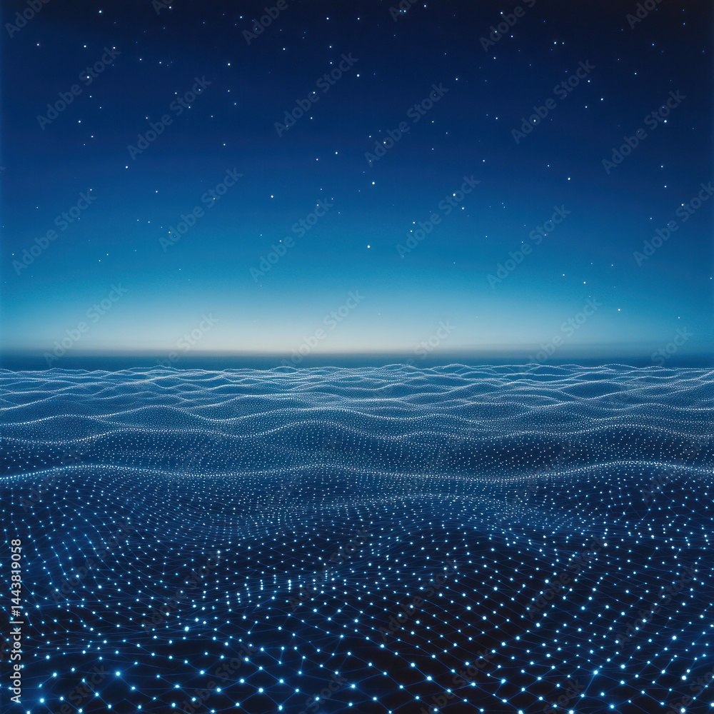 Poster digital ocean surface with stars in the sky for technology or data visualization background