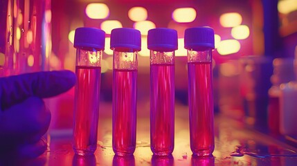 Row of test tubes with red liquid in glowing lab setting