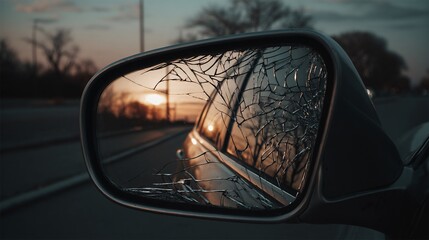A cracked side mirror reflects the beautiful sunset, hinting at an accident or damage to the car.