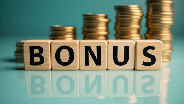 Conceptual closeup of wooden blocks spelling bonus on reflective surface with stacked coins background