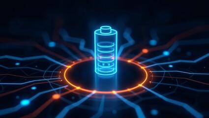 Futuristic neon blue battery icon with complex digital grid background