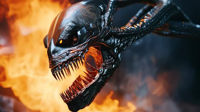 An alien creature with glossy black skin, sharp teeth, and glowing eyes is seen against a backdrop of fiery flames, emphasizing its terrifying presence in a dark setting.