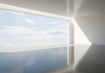Modern Interior Architecture with Sky View, Minimalist Design, Bright Room, Reflection, Window, Cloudscape.