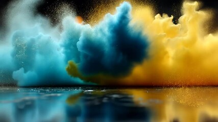 Vibrant explosion of teal and gold smoke, mirroring on a reflective surface.  A dynamic display of color and texture - Powered by Adobe