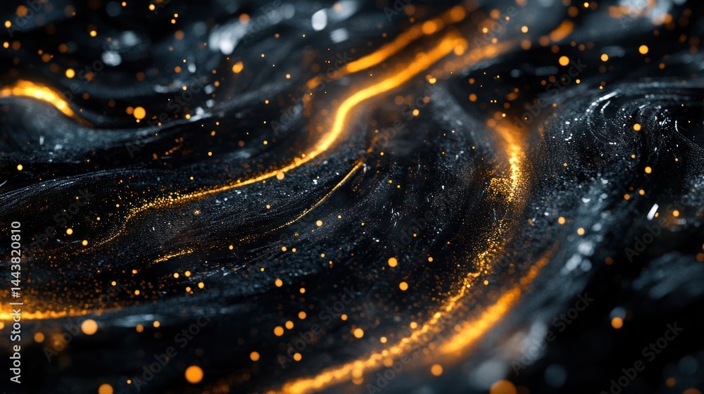 Poster abstract flowing digital art with glowing orange particles, creating a dynamic futuristic background